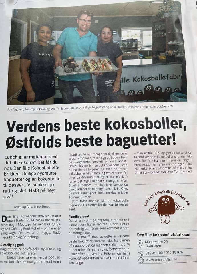 Avisartikkel om Den Lille Kokosbollefabrikken: «Verdens beste kokosboller, Østfolds beste baguetter!»